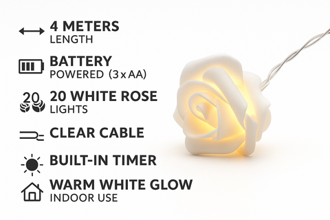 String lights with white rose bulbs on a white background, featuring product details.