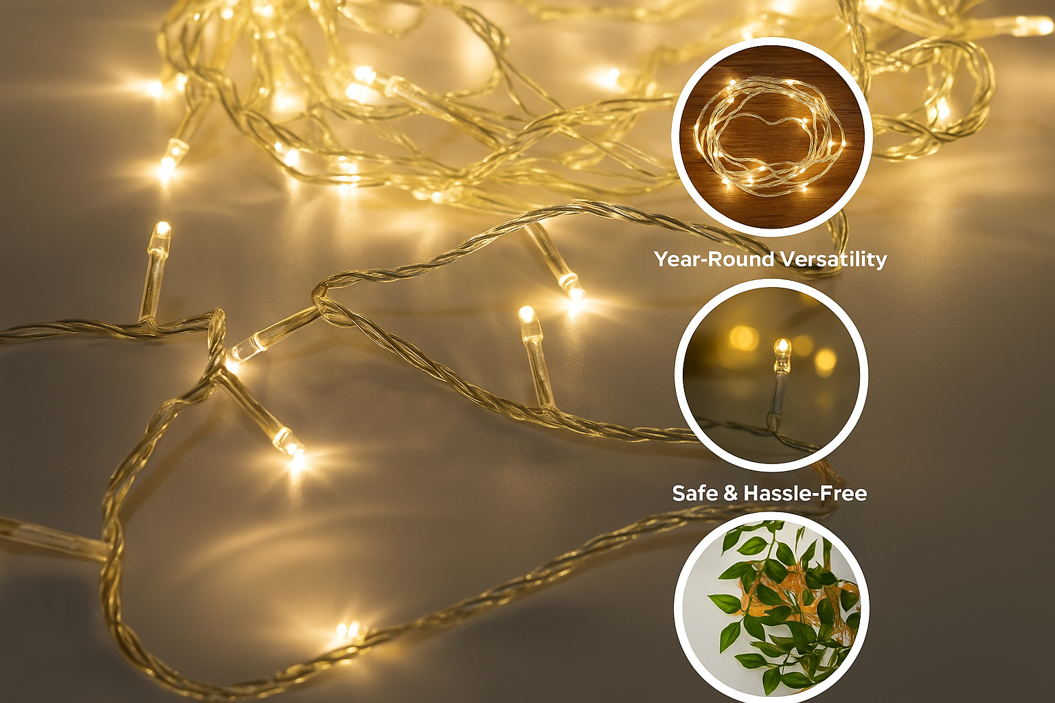 String lights with year-round versatility, safe usage, and hassle-free installation features.