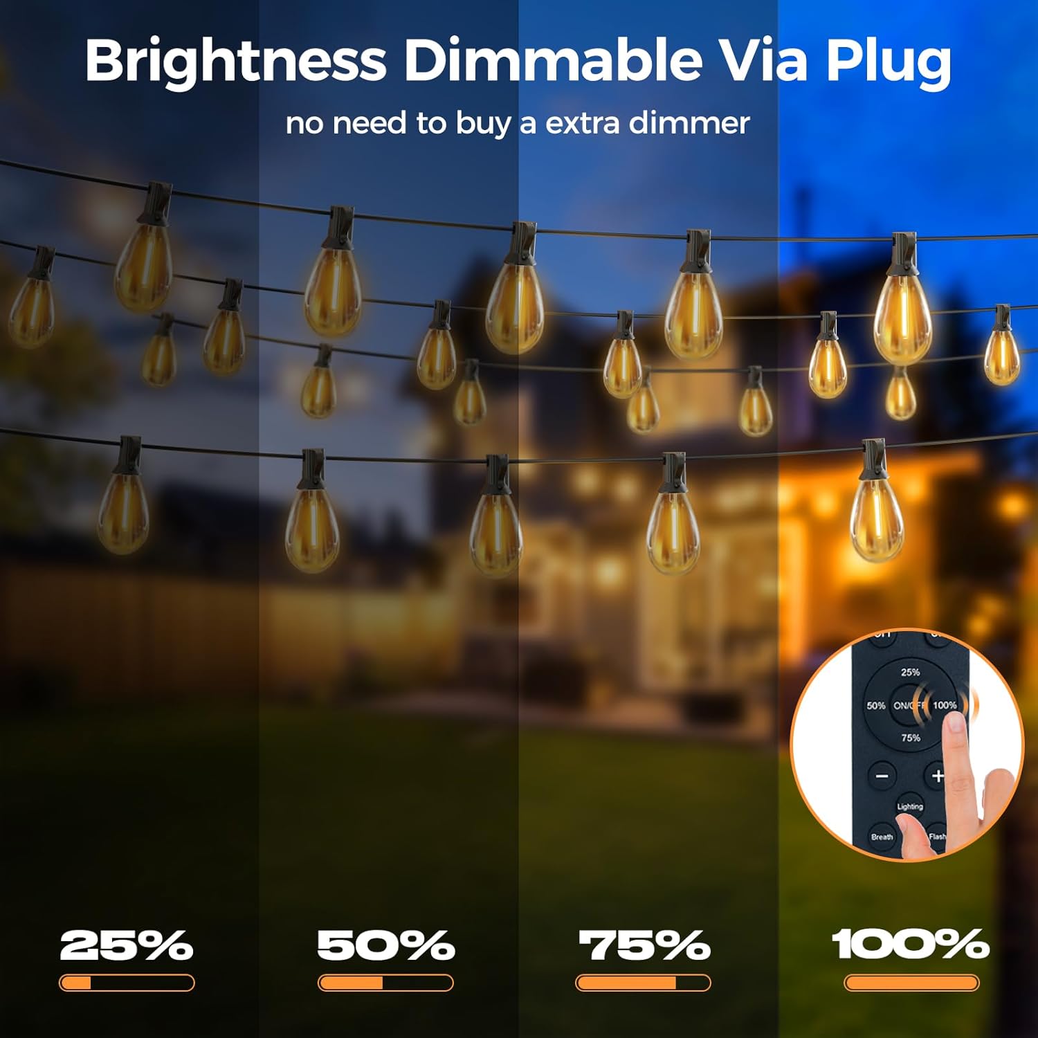 String lights with dimmable feature shown outdoors, featuring a remote control.