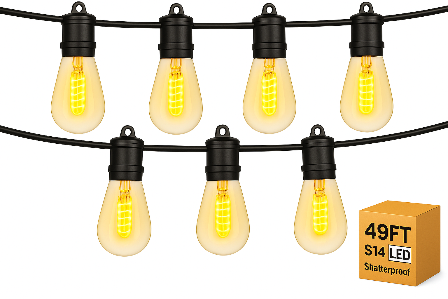String of LED light bulbs with a box labeled '49FT S14 LED' on a white background