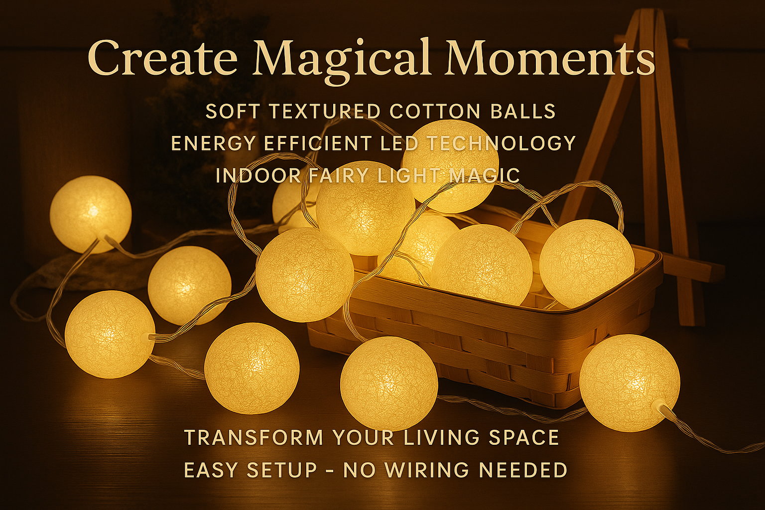 String of cotton ball lights with text highlighting features on a dark background