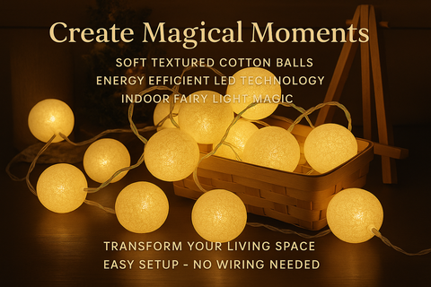 String of cotton ball lights with text highlighting features on a dark background