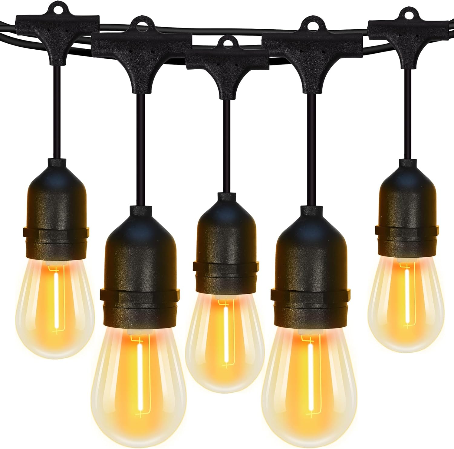 String of five illuminated light bulbs with black holders on a white background.