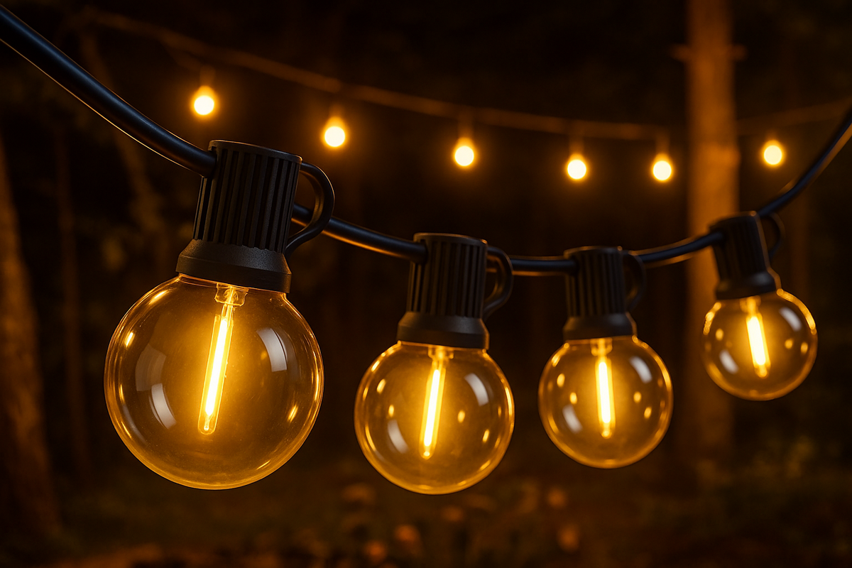 String of glowing outdoor light bulbs against a dark background