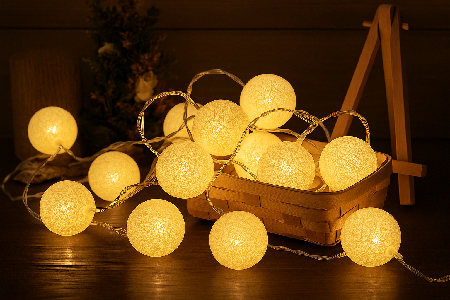 String of glowing yellow lights in a wooden basket on a dark surface