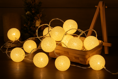String of glowing yellow lights in a wooden basket on a dark surface