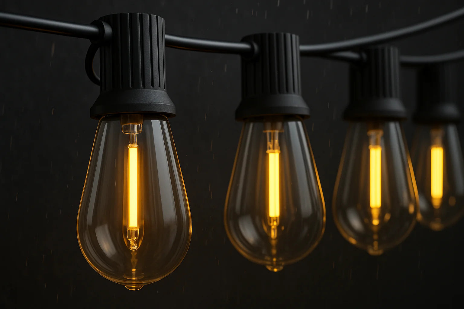 String of illuminated light bulbs against a dark background