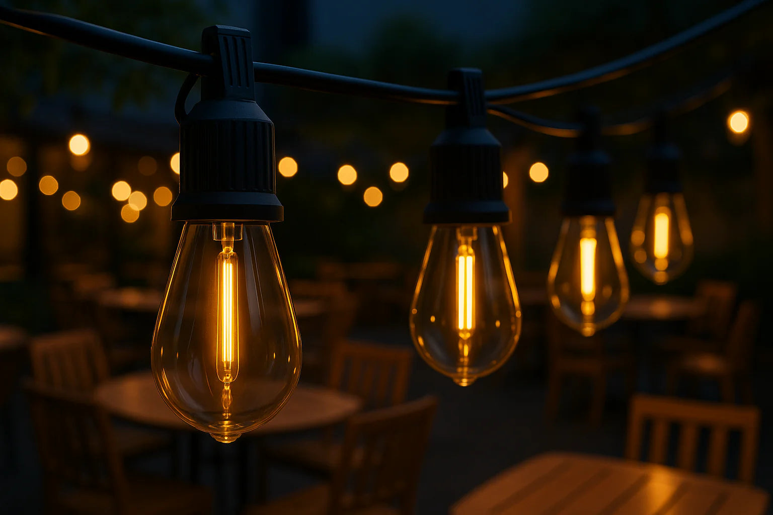 String of illuminated light bulbs hanging above outdoor tables and chairs.