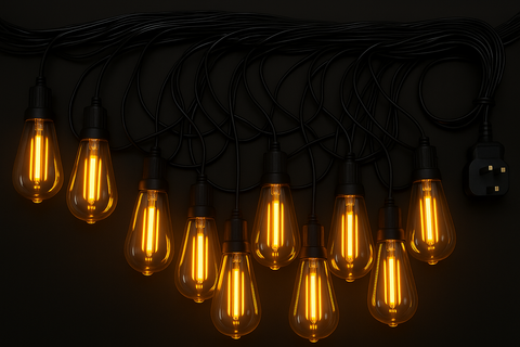 String of illuminated light bulbs on a dark background