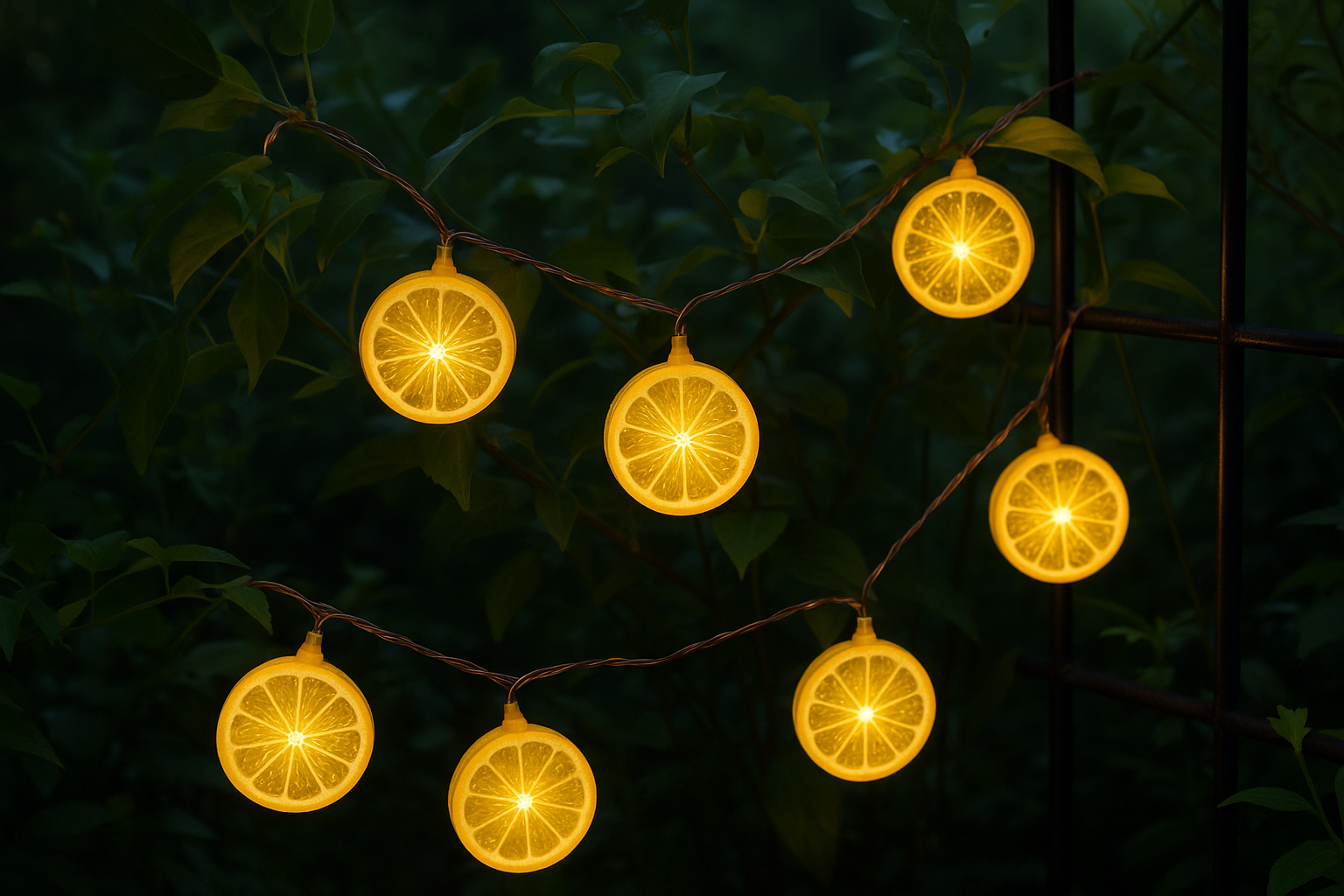 String of lemon-shaped lights hanging among leaves at night