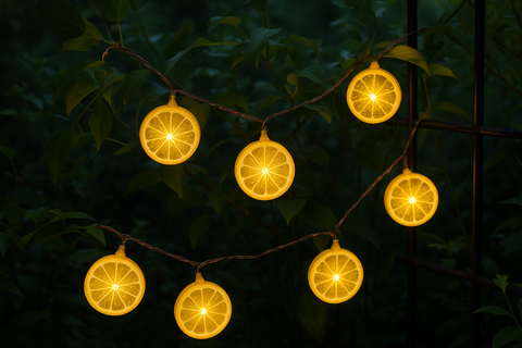 String of lemon-shaped lights hanging among leaves at night