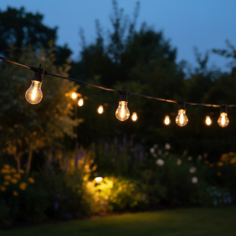 String of light bulbs hanging outdoors with a garden background