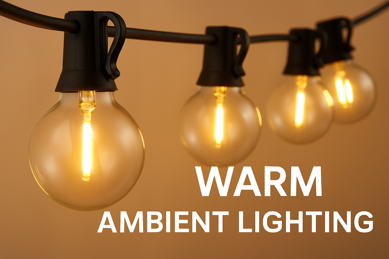 String of light bulbs with 'Warm Ambient Lighting' text on a brown background