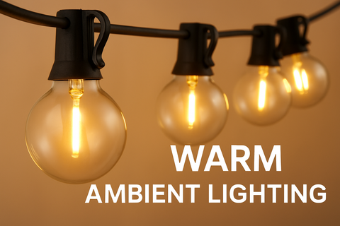 String of light bulbs with 'Warm Ambient Lighting' text on a brown background