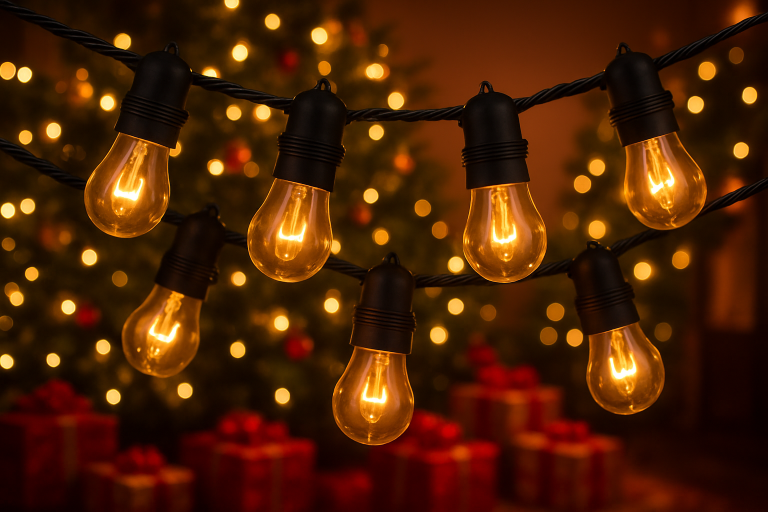 String of lit light bulbs against a festive background with blurred lights and presents.