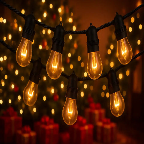 String of lit light bulbs against a warm, blurred background with lights and presents.
