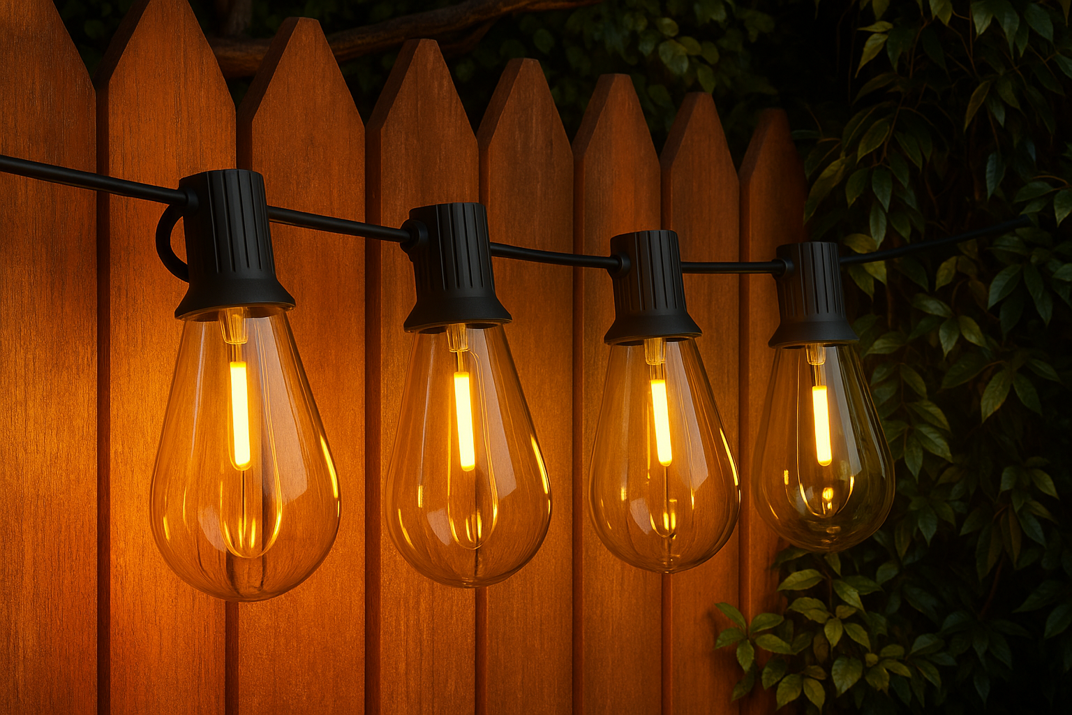 String of lit light bulbs against a wooden fence