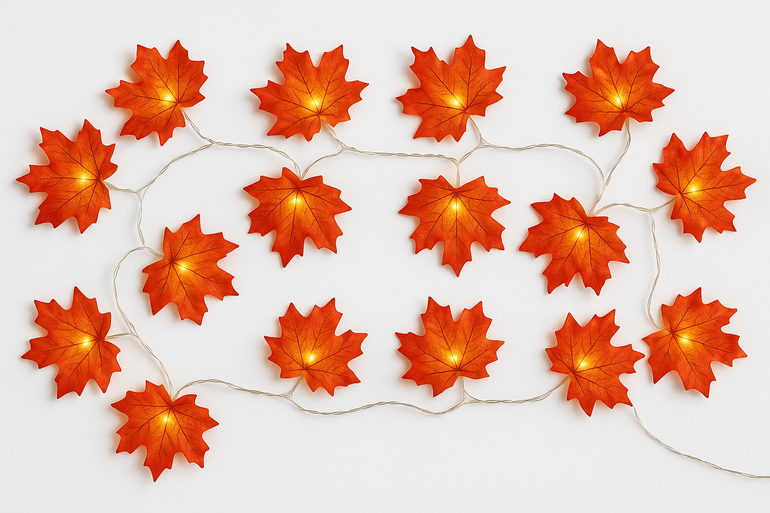 String of orange leaf-shaped lights on a white background