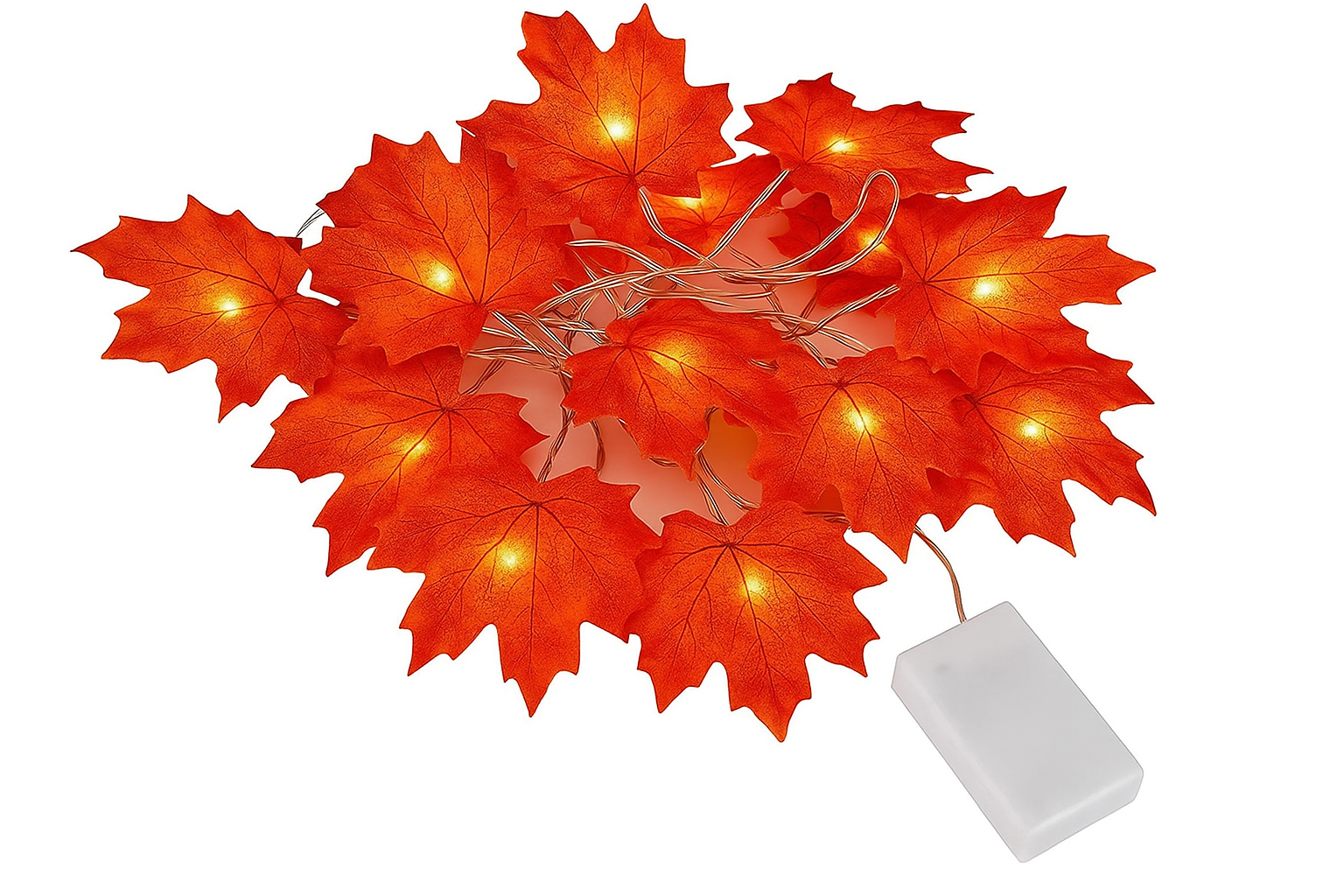 String of orange leaf lights with a white plug on a white background