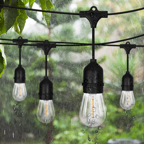String of outdoor light bulbs hanging in the rain with a blurred green foliage background.