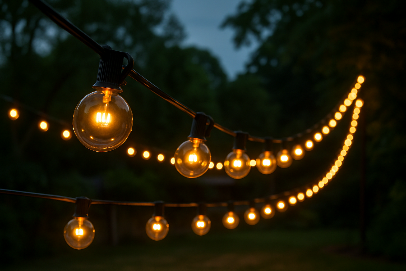 String of outdoor lights hanging against a dark background