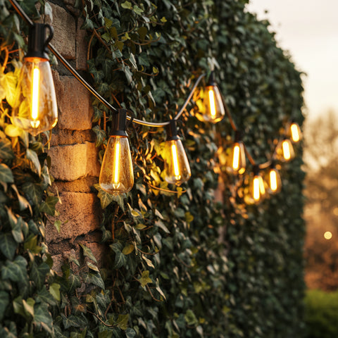 String of outdoor lights hanging among greenery