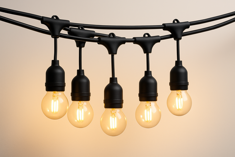 String of outdoor lights with glowing bulbs against a neutral background