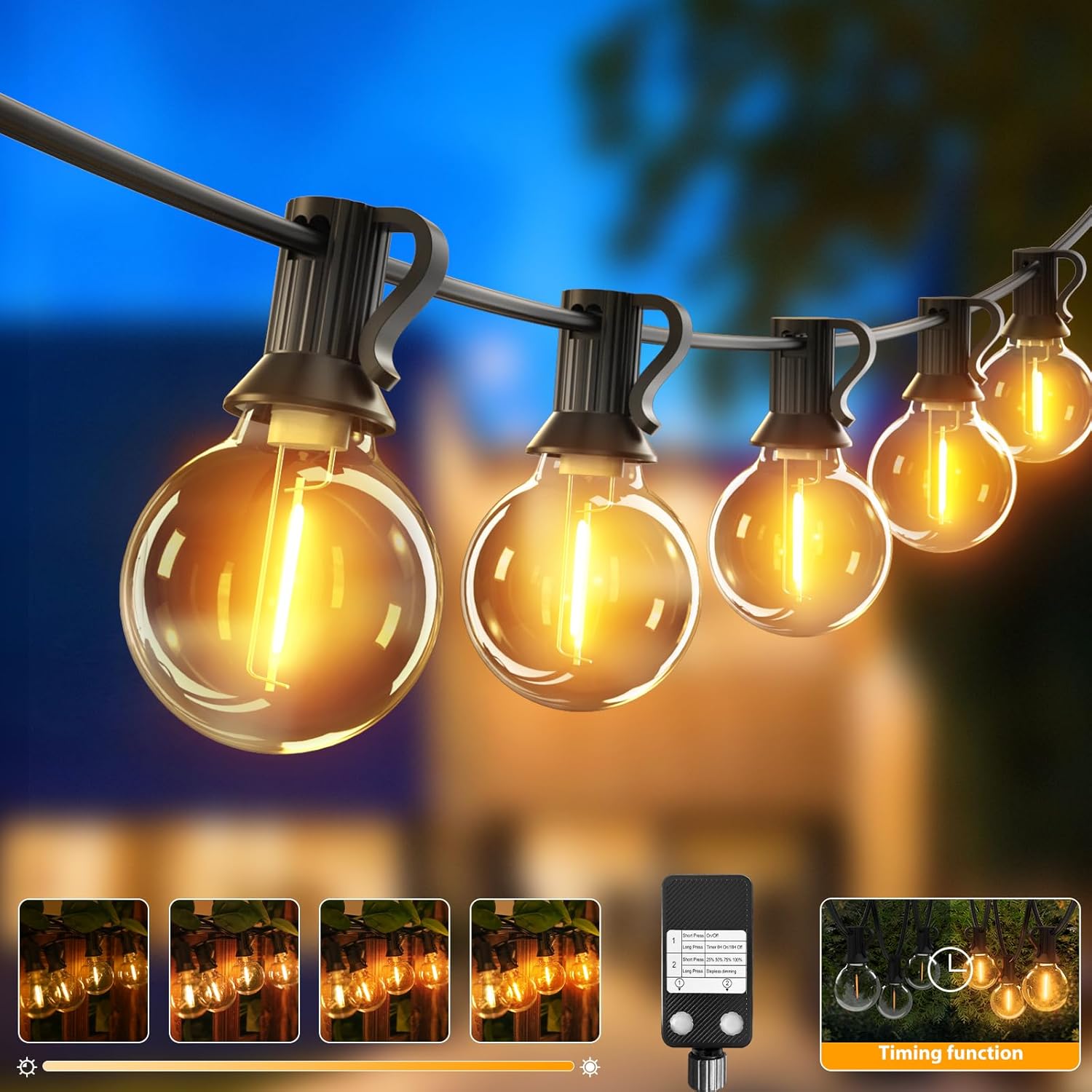 String of outdoor lights with visible bulbs and control unit against a blurred background