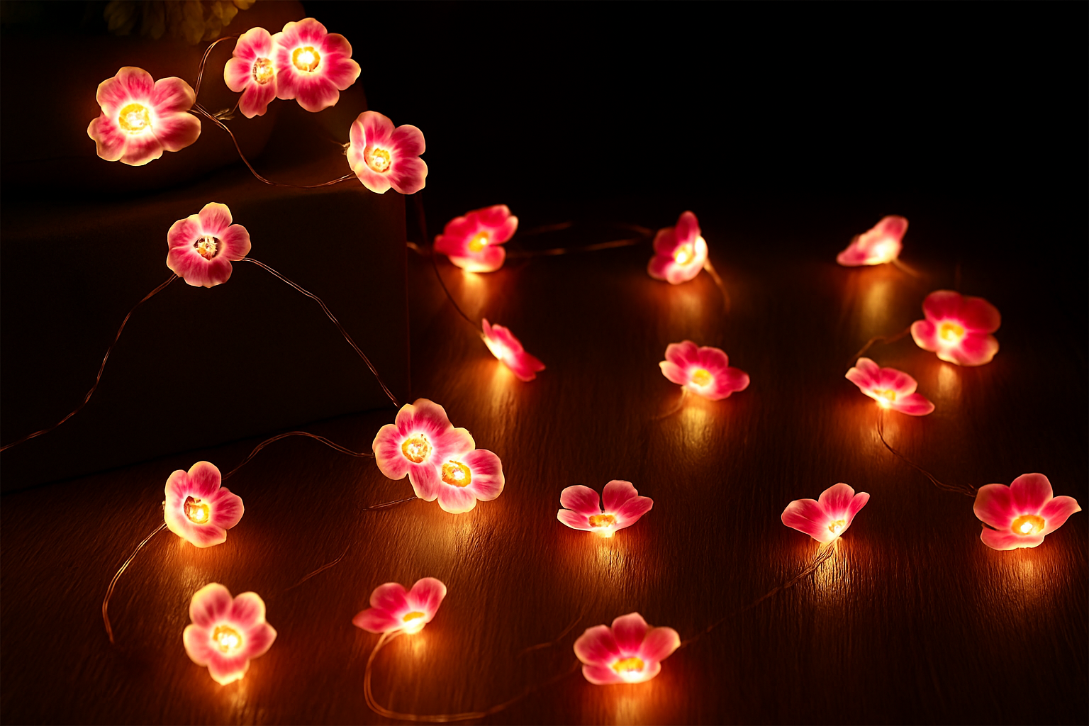 String of pink flower-shaped lights on a dark background