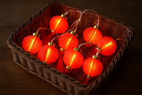 String of red lantern lights in a wicker basket on a dark background