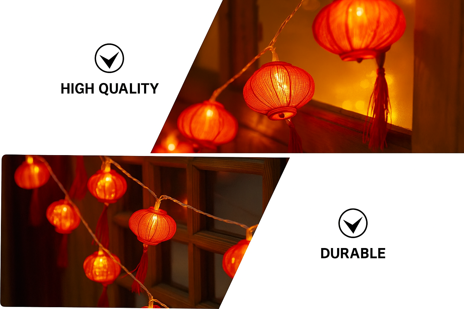 String of red lantern lights with 'High Quality' and 'Durable' labels.