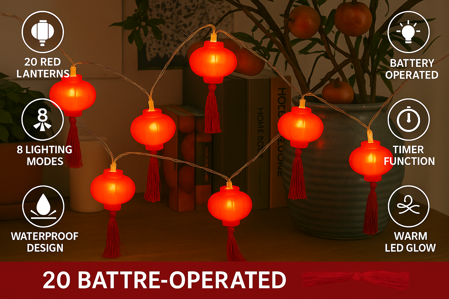 String of red lantern lights with battery-operated features displayed.