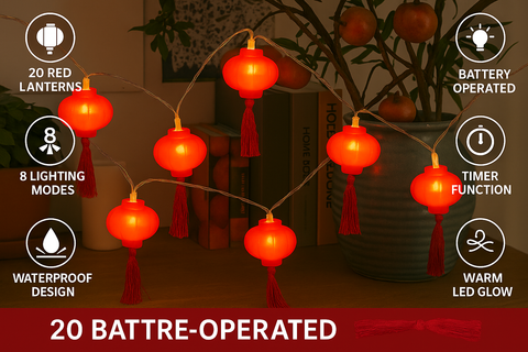String of red lantern lights with battery-operated features displayed.