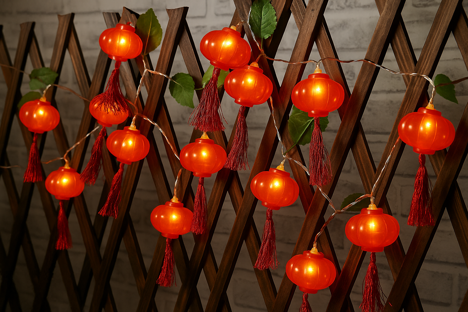 String of red lantern lights with tassels against a wooden lattice background.