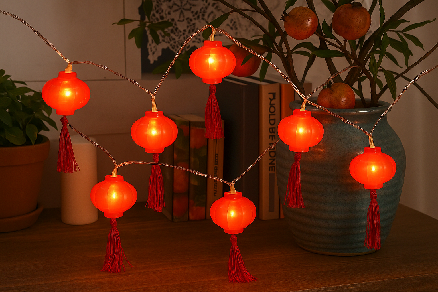 String of red lantern lights with tassels on a wooden surface.