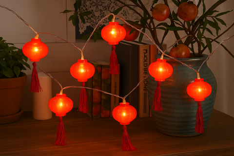 String of red lantern lights with tassels on a wooden surface.