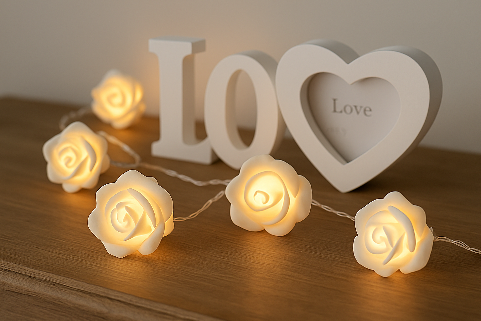 String of rose-shaped lights with 'LOVE' heart-shaped decor on a wooden surface.