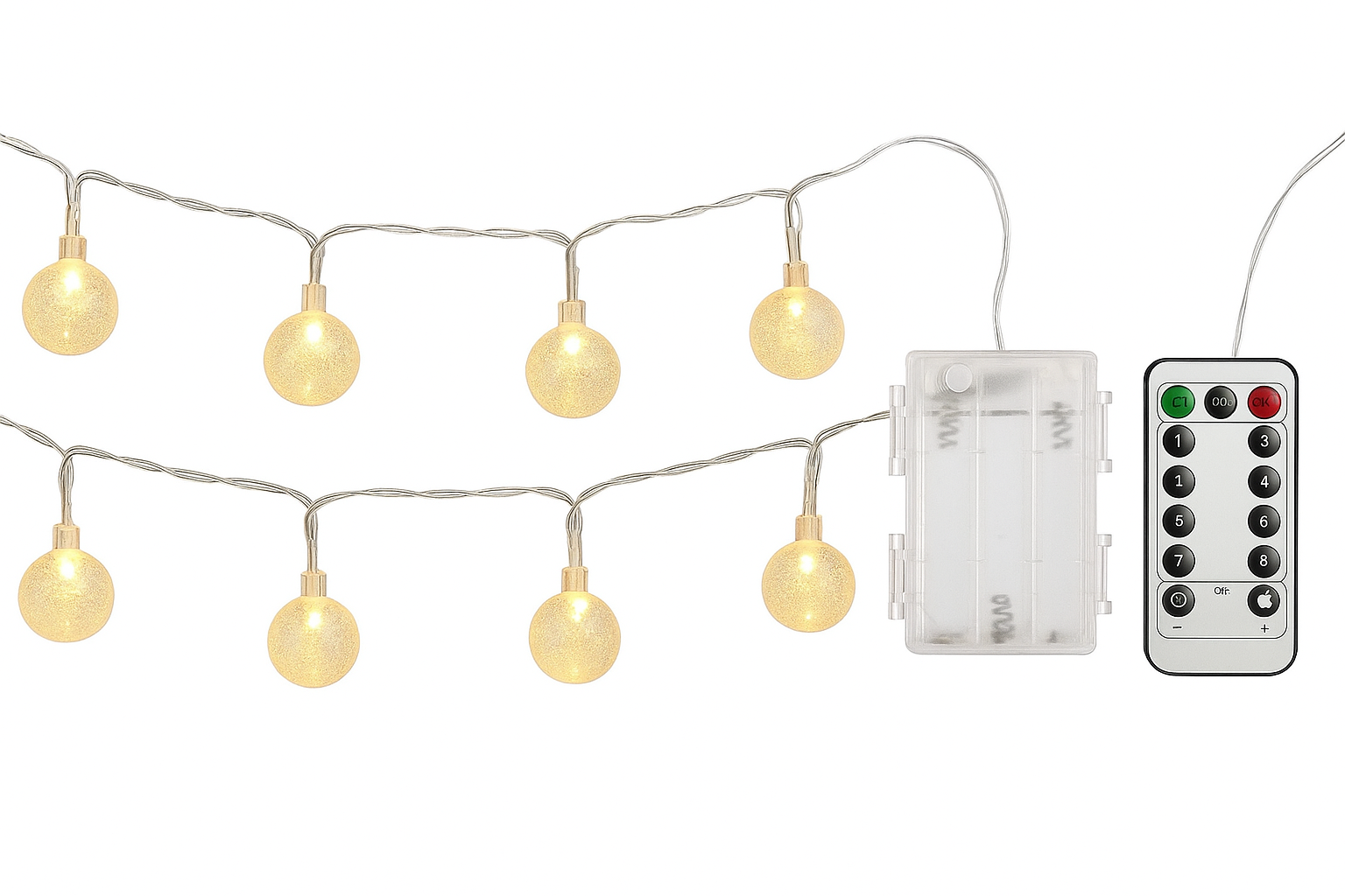 String of round lights with a remote control on a white background