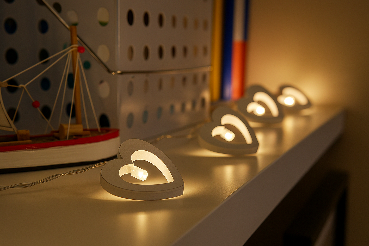 String of small, glowing lights on a shelf with a blurred background