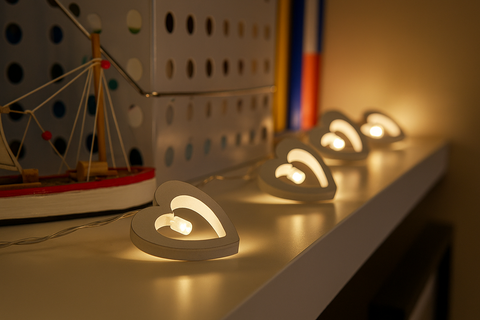 String of small, glowing lights on a shelf with a blurred background