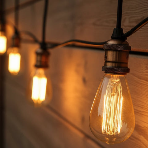 String of vintage-style light bulbs hanging against a wooden wall.
