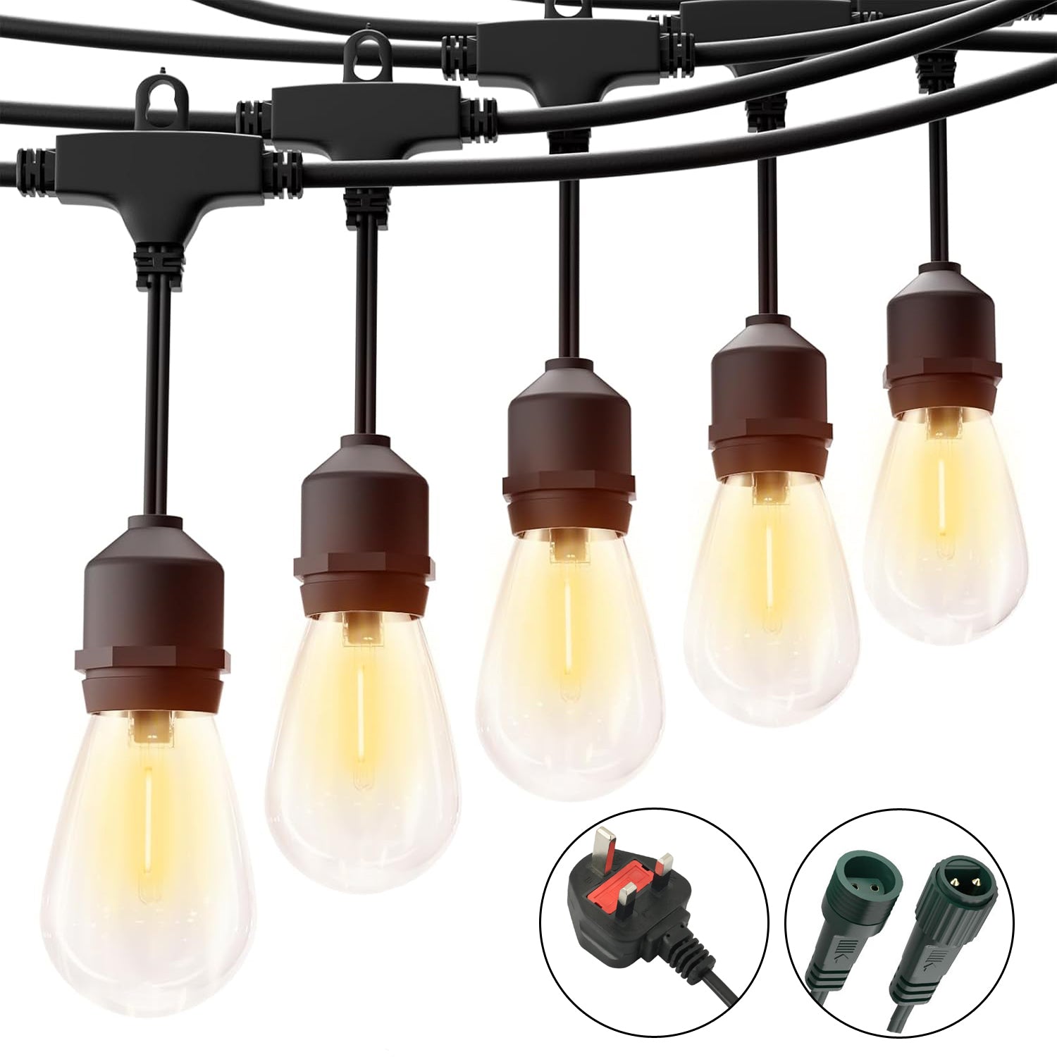 String of vintage-style light bulbs with brown sockets on a white background, featuring three different plug types.