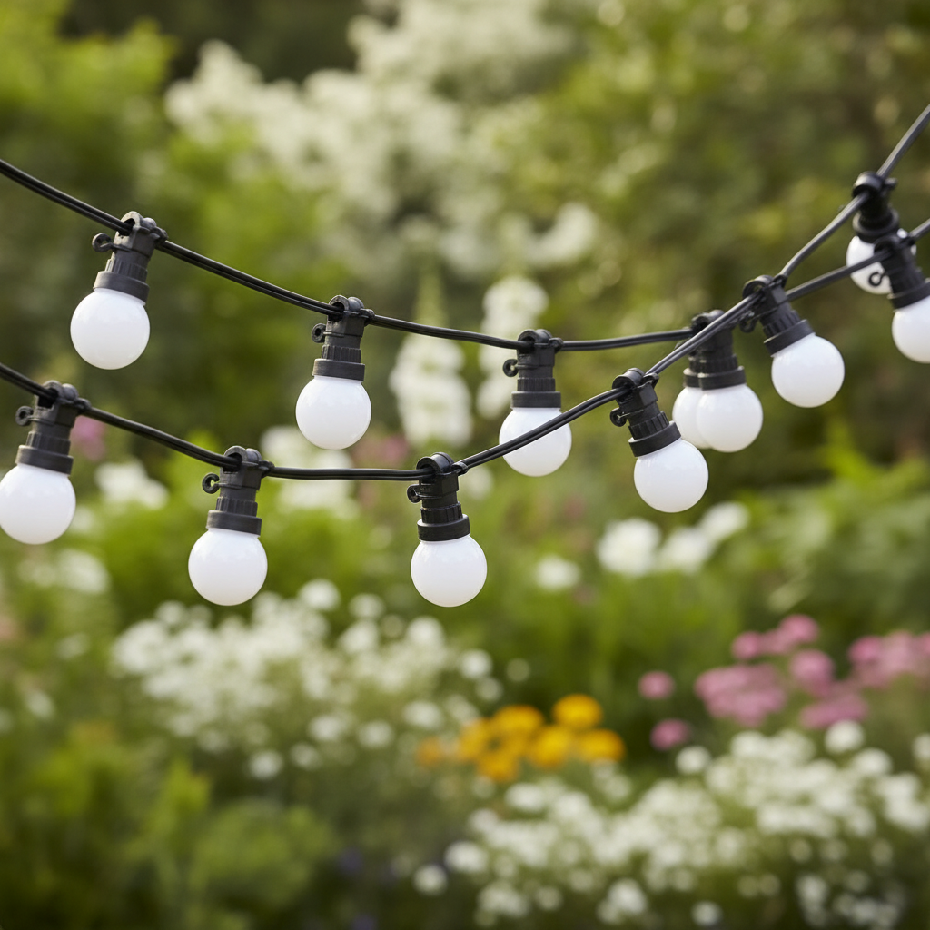 String of white light bulbs on a black wire against a blurred garden background