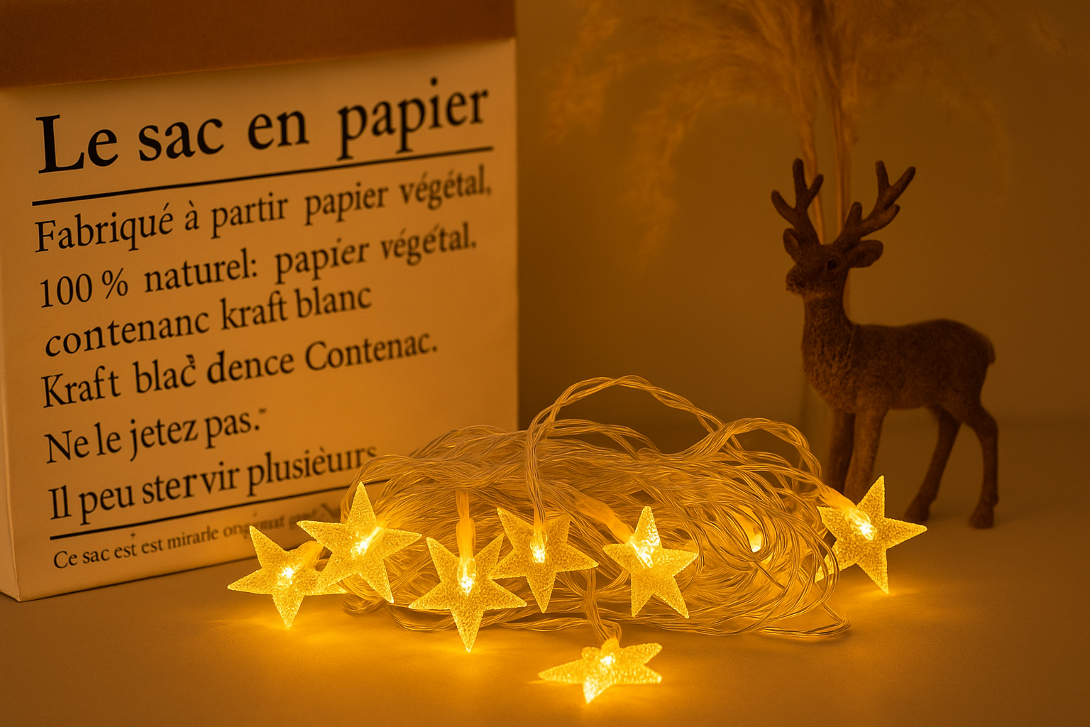 String of yellow star lights with a cardboard box and deer figurine in the background.