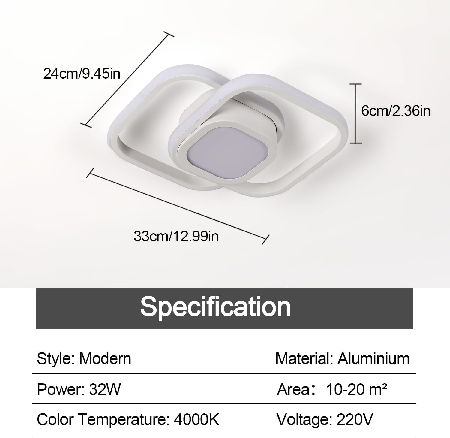 Ceiling light fixture with dimensions and specifications on a white background