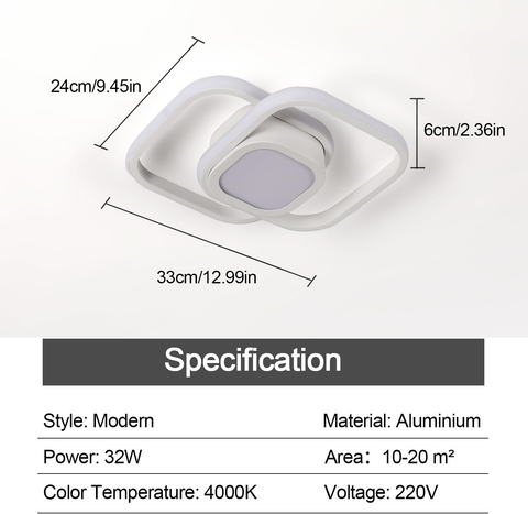 Ceiling light fixture with dimensions and specifications on a white background