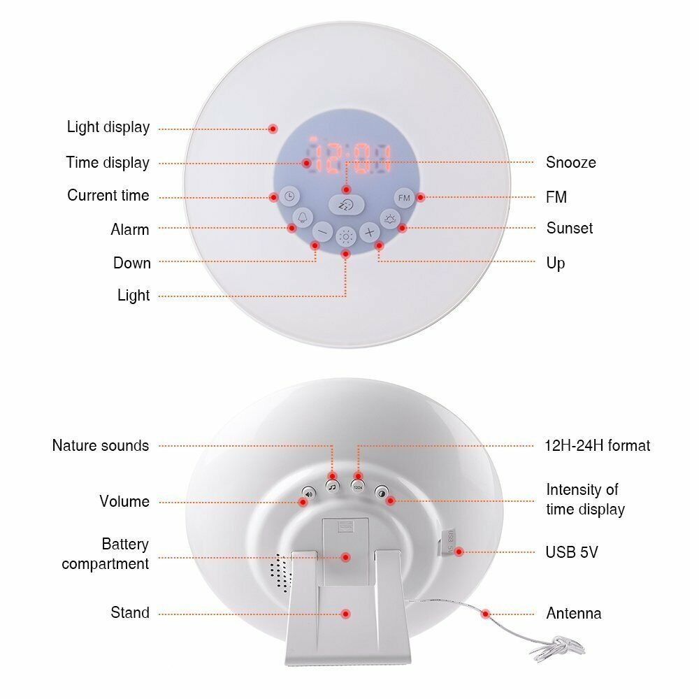 Sunrise Wake Up Lamp Alarm Clock and FM Radio, Bedside Reading Light with 7 Colours and Sounds, USB Powered - thelights4u.com