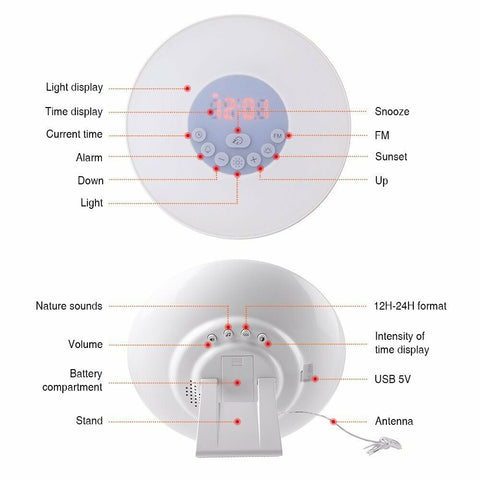 Wake-up light with gradual brightness for natural waking experience.

