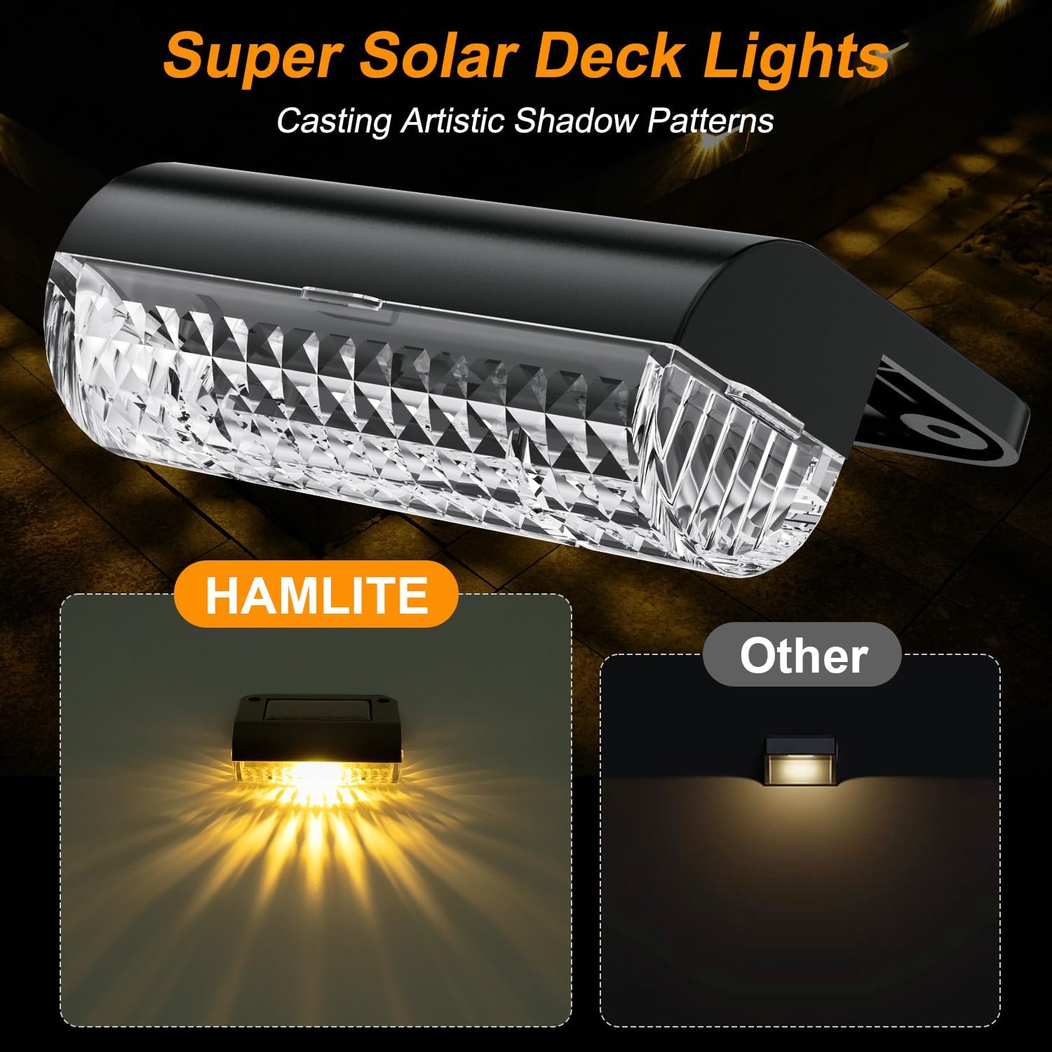 Super Solar Deck Lights with Hamlite branding and artistic shadow patterns.