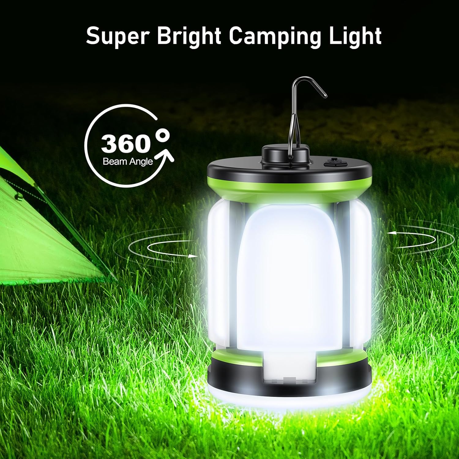 Super bright camping light on grass with tent in the background